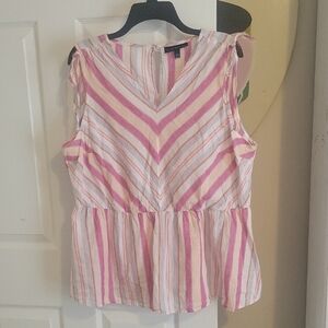 Lane Bryant Sz18/20 Linen Cotton Pink White Striped Vneck Blouse Elastic Waist